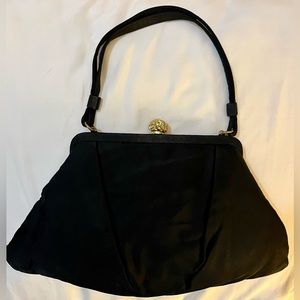 Vintage Lewis 1950’s Black Satin Evening Bag w/ Gold Rhinestone Detail Hardware